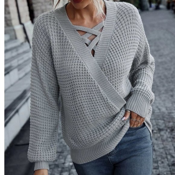 Casual Boho Criss Cross Surplice Neck knit Sweater Top - Picture 2 of 7